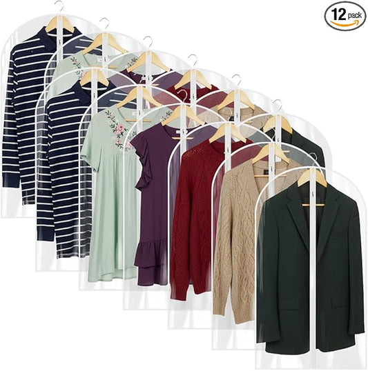 40â All Clear Garment Bags for Travel - PEVA Waterproof Suit Cover with Zipper for Hanging Clothes, Dresses, Coats - Durable Dresser for Closet Storage, Dustproof & Moisture Resistant - 40''/12 Pack