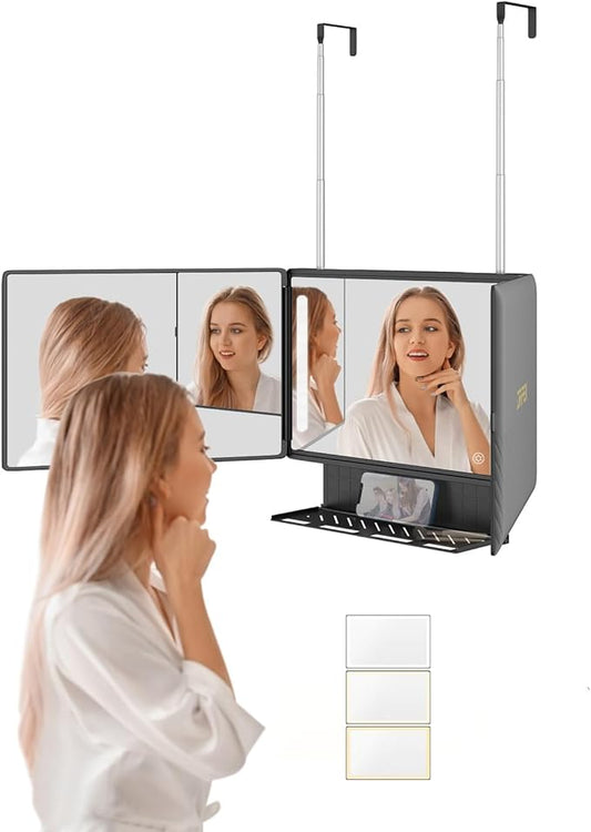 Dripex 3 Way Mirror with Storage Shelf and 3 Color LED Lights, Rechargeable Trifold Self Haircut 360Â° Mirror with Height Adjustable Hooks for Makeup, Styling, Shaving, Braiding, Dye Hair (Black)
