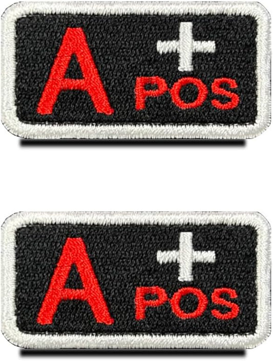 2 Pieces Tactical Blood Type A+ Positive Patch Embroidered Hook and Loop Military Badge Medic First Aid Pouch Emblem Patch for Outdoors Travel Sport CS Military Medical Aid-Black & Red
