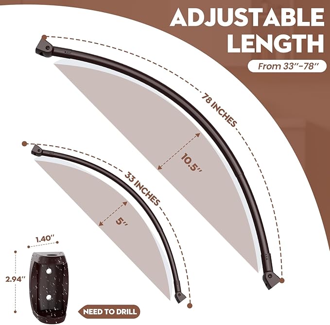 Bronze Curved Shower Curtain Rod 33-78 Inches Adjustable Shower Rods Curved Round Bowed Rust proof, Premium Stainless Steel Need To Drill Shower Curtain Rod for Bathroom, Bathtub, Stall