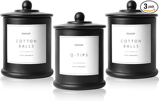 3 Pack Qtip Holder Dispenser, 16oz Bathroom Organizer and Storage Canisters, Glass Apothecary Jars with Lid - Home Decor, Room Decor Aesthetic (Black)