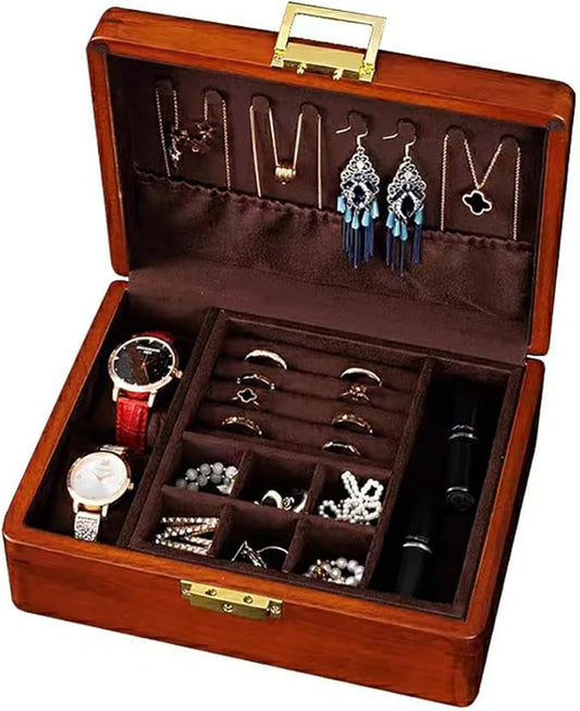 Bescott 2 Layer Solid Wooden Jewelry Box with Lock and Key for Women Men Vintage Velvet Wood Jewelry Organizer Storage for Earrings Rings Necklaces Bracelet Watch Motherâs Day Gift