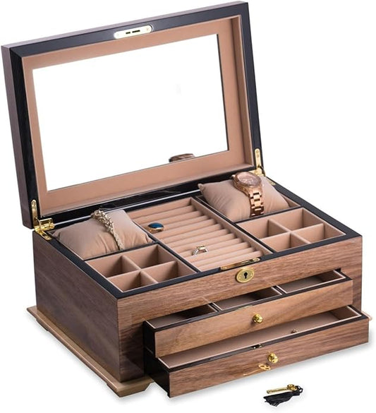Bey-Berk Lacquered Walnut 3-Level Jewelry Box with Mirror, 2 Drawers and Locking Lid, Gold Accents, Ring Slots and Watch Pillows, 15.75" x 11" x 7"