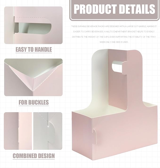 2 Cup Disposable Drink Carrier for Delivery with Handle,15 Count Pink Paperboard Cup Holder,Cup Carriers for Hot or Cold Drinks,Coffee Carrier, Food Delivery,Take Out Cup Carriers (Pink, 15 PCs)