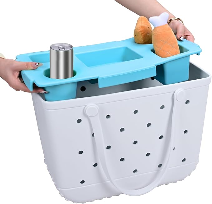 Topper Tray for Bogg Bag Large Only – Waterproof EVA Table Top Organizer Lid with Cup Holder, Snack, Phone & Drink Holders for Beach, Pool, Picnic, Travel (Blue)
