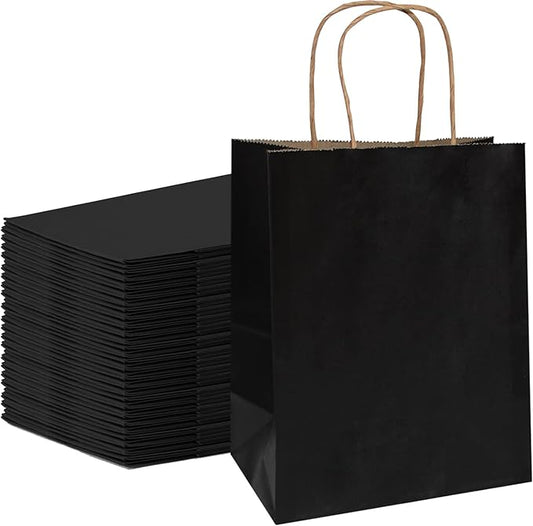 FACEBAG 100 Pack Medium 8x4.25x10.5 inch Black Gift Paper Bags with Handles Bulk, Kraft Bags, Craft Grocery Shopping Retail Party Favors Wedding Bags