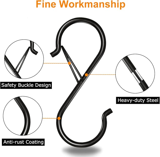 Waitkey 16 Pack S Hooks for Hanging, 3.5 inch Heavy Duty Metal S Hooks with Safety Buckle S Shaped Hooks Pot Rack Closet Hooks for Hanging Plants, Clothes, Kitchen Utensil, Pots, Pans, Bags (Black)