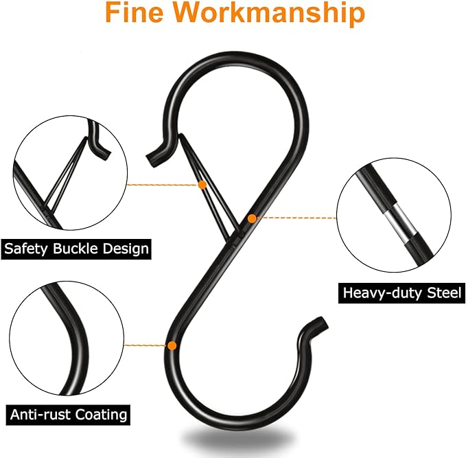Waitkey 48 Pack S Hooks for Hanging, 3.5 inch Heavy Duty Metal S Hooks with Safety Buckle S Shaped Hooks Pot Rack Closet Hooks for Hanging Plants, Clothes, Kitchen Utensil, Pots, Pans, Bags (Black)