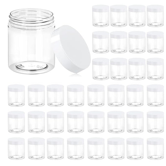 Eternal Moment 36 Pack 8 OZ Plastic Jars Round Clear Cosmetic Container Jars with White Lids, Perfect for Lotion, Slimeï¼Cream, Ointments, Makeup, Eye Shadow, Samples, Pot, Travel Storage ï»¿