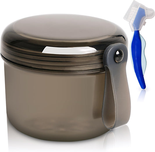 Denture Bath Case Box, Leak Proof Denture Cups for Soaking Full & Partial Dentures, Retainers,Dishwasher safe,with Hard Denture Brush & Denture Toothbrush Cover (Transparent Black)