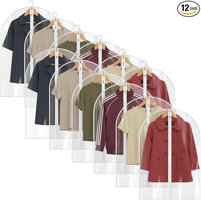 All Clear Garment Bags for Travel - 32â PEVA Waterproof Suit Cover with Zipper for Hanging Clothes, Shirts, Sweaters - Durable Dresser for Closet Storage, Dustproof & Moisture Resistant - 32â/12 Pack