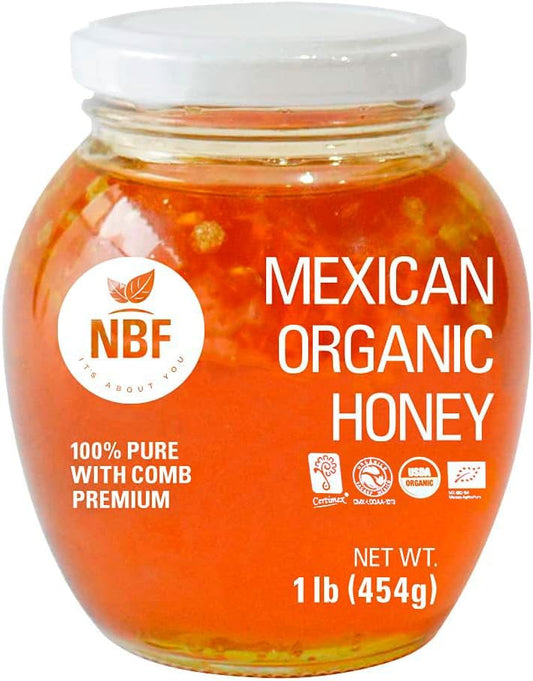NBF NATURA BIO FOODS - Organic Raw Honey with Honeycomb | No Added Sugar | Gluten-Free | Rich in Antioxidants from Wildflowers | Ideal for Drinks & Pancakes, 1 lb