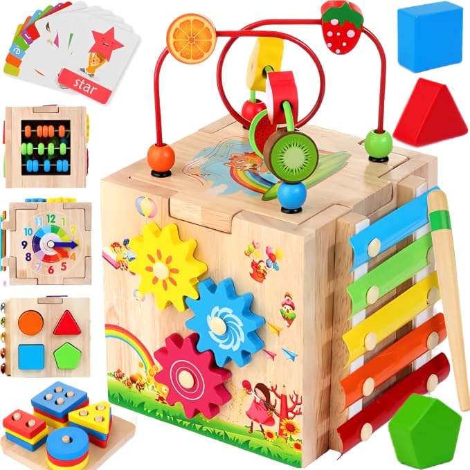 8-in-1 Wooden Baby Activity Cube - Xylophone, Shape Sorter, Abacus| 1st Birthday Gift Toys for One 1 2 3 Year Old Boy Girl | Montessori Educational Learning Toddler Toy| Bonus Sorting & Stacking Board