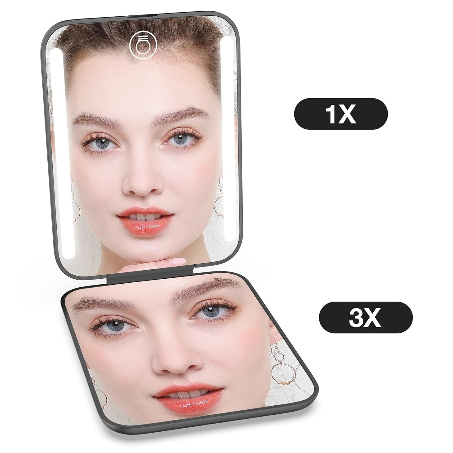 Kintion Rechargeable Pocket Mirror, Double Sided 1X/3X Magnification Compact Vanity Mirror, 3 Color Lights, Dimmable, Small Portable Wallet Mirror, Lighted Travel Mirror for Women Gifts, Black