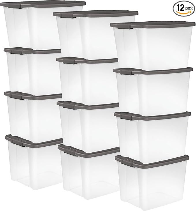 Sterilite 12-Pack 50 Quart ShelfTote, Clear Plastic Storage Organizer Bins with Gray Lids â Stackable Home and Office Containers for Closet or Shelves