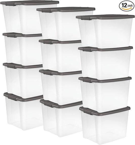 Sterilite 12-Pack 50 Quart ShelfTote, Clear Plastic Storage Organizer Bins with Gray Lids â Stackable Home and Office Containers for Closet or Shelves