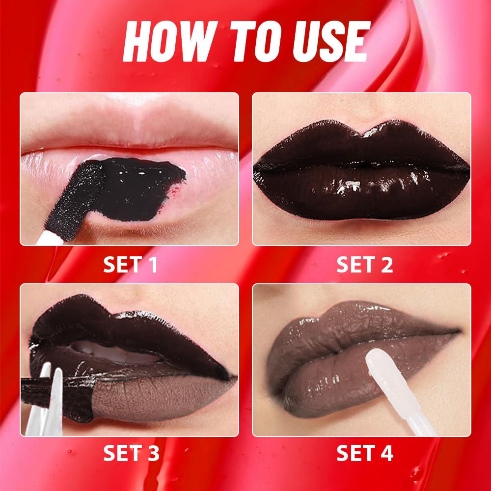 2Pcs Liquid Lip Stain Peel Off Lip liner and Lip oil with Tweezer, Dual-Ended Peel Off Lip Stain Tattoo, Highly Pigmented Long Lasting Waterproof, Transfer-proof for All Skin Types, 06#+07#