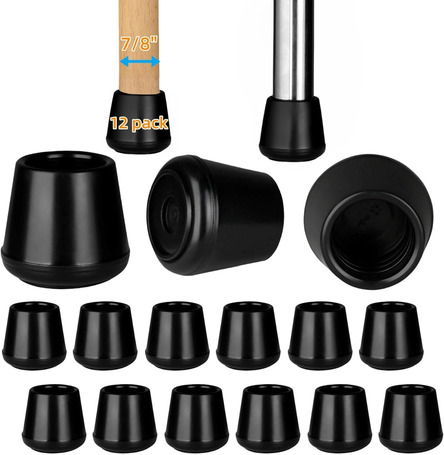 7/8" Chair Leg Tips Caps, Non-Slip Rubber Leg Tips, Stool Leg Protectors Cap, Folding Metal Chair Leg Tip Replacement, Chair Leg Floor Protectors Round Black, 12 Pack