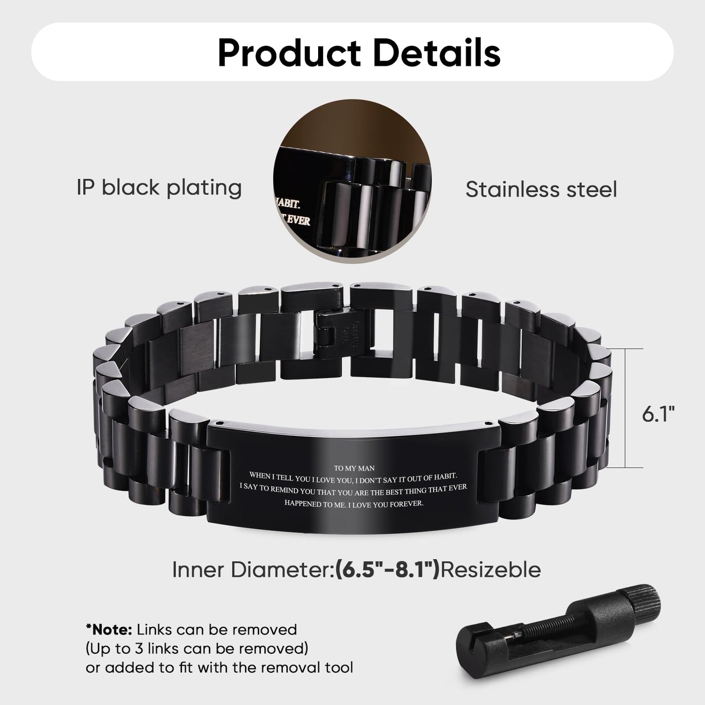 VNOX Anniversary Bracelet Gifs for Him - Black Stainless Steel Love Quote Link Bracelet for Man,Bracelet Love Message Gift Card for Him,Valentine Days Christmas Birthday Gift Ideas for Him