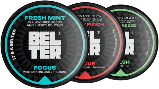 BELTER - Focus Cherry Punch, Focus Fresh Mint, & Fresh Cool Breeze - Caffeine Pouches & Sugar Free Mint Pouch Bundle - 50 Count - Zero-Calorie Energy Boost with L-Theanine - 96mg Caffeine Per Pouch