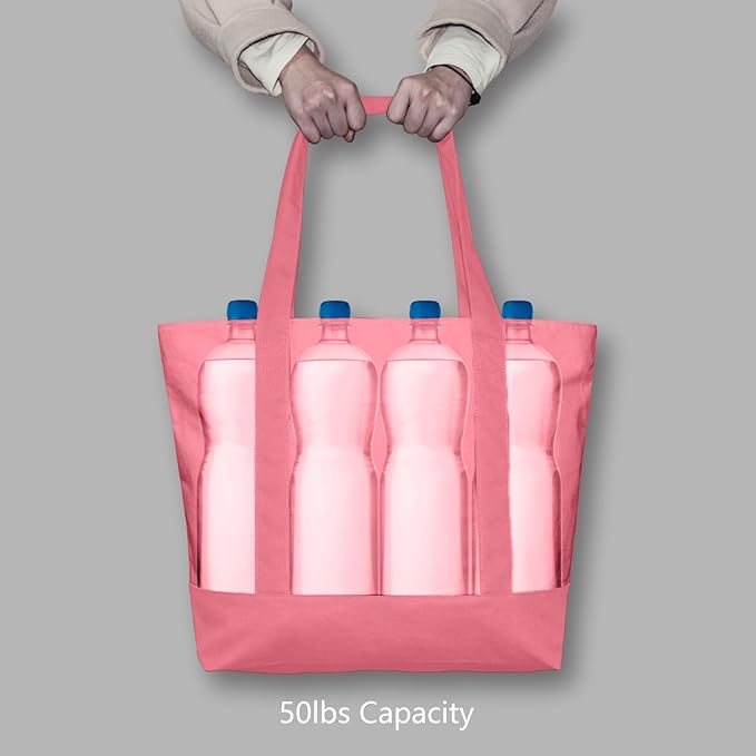 TOPDesign 6-Pack Canvas Tote Bags with an External Pocket, Reusable Grocery Shopping Bags, Top Zipper Closure, Daily Essentials (Rose Pink)