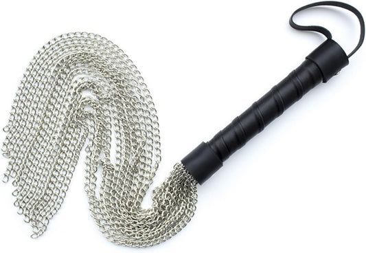 Gothic Punk Style Metal Chain Tassel Whip with Leather Handle, Halloween Costume Accessory for Men and Women