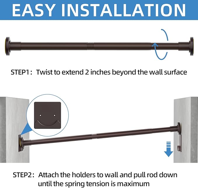 CorkLatta Matte Bronze Shower Curtain Rod,1 Inch Diameter Stainless Steel Adjustable Spring Tension Rods 32 to 92",with Holders,Anti-Slip,Curtain Rods No Drilling(1 Pack)