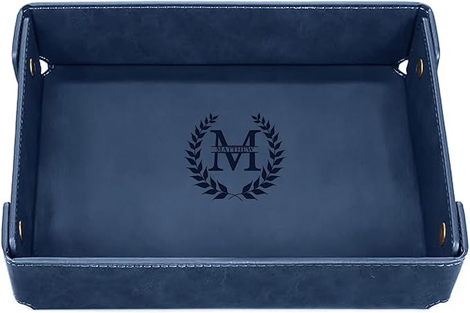 Engraved Leather Valet Tray for Men â Personalized Catchall with Custom Name for Desk, Dresser, Nightstand â Men's Organizer Tray for Keys, Wallet, Jewelry, Personalized Gift for Home, Office - Blue