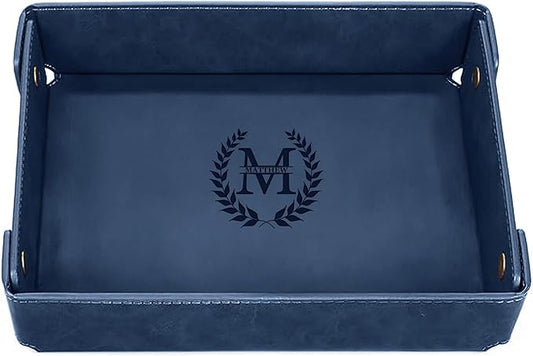 Engraved Leather Valet Tray for Men â Personalized Catchall with Custom Name for Desk, Dresser, Nightstand â Men's Organizer Tray for Keys, Wallet, Jewelry, Personalized Gift for Home, Office - Blue