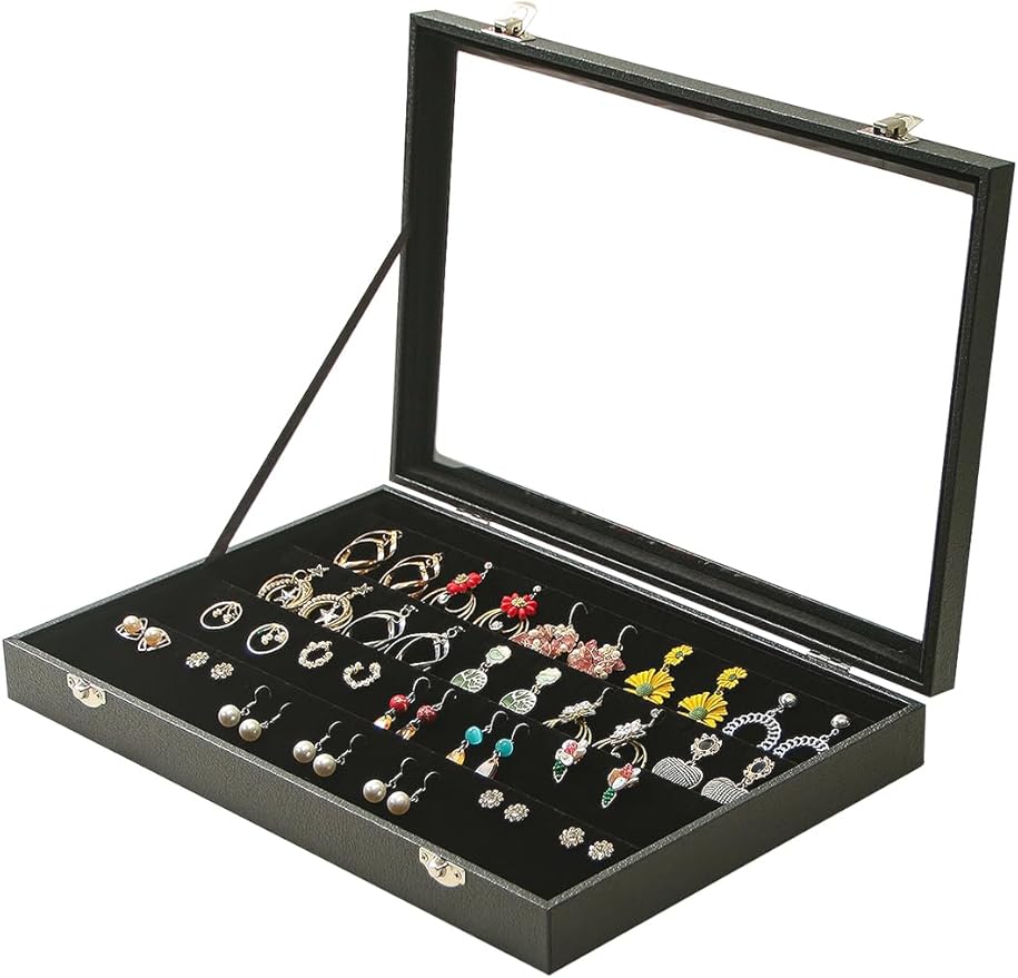 Coward Earring Organizer Tray Box, Black Velvet Earring Jewelry Display Storage Tray Case with Transparent Glass Lid for Home Drawer or Shop Selling