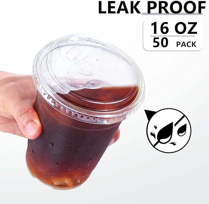 BYSNOW 16 oz 50 Pack Clear Plastic Cups with Lids, Disposable Iced Coffee Drink Cups with Strawless Sip Lids for Parties, Outdoors, Office and Events