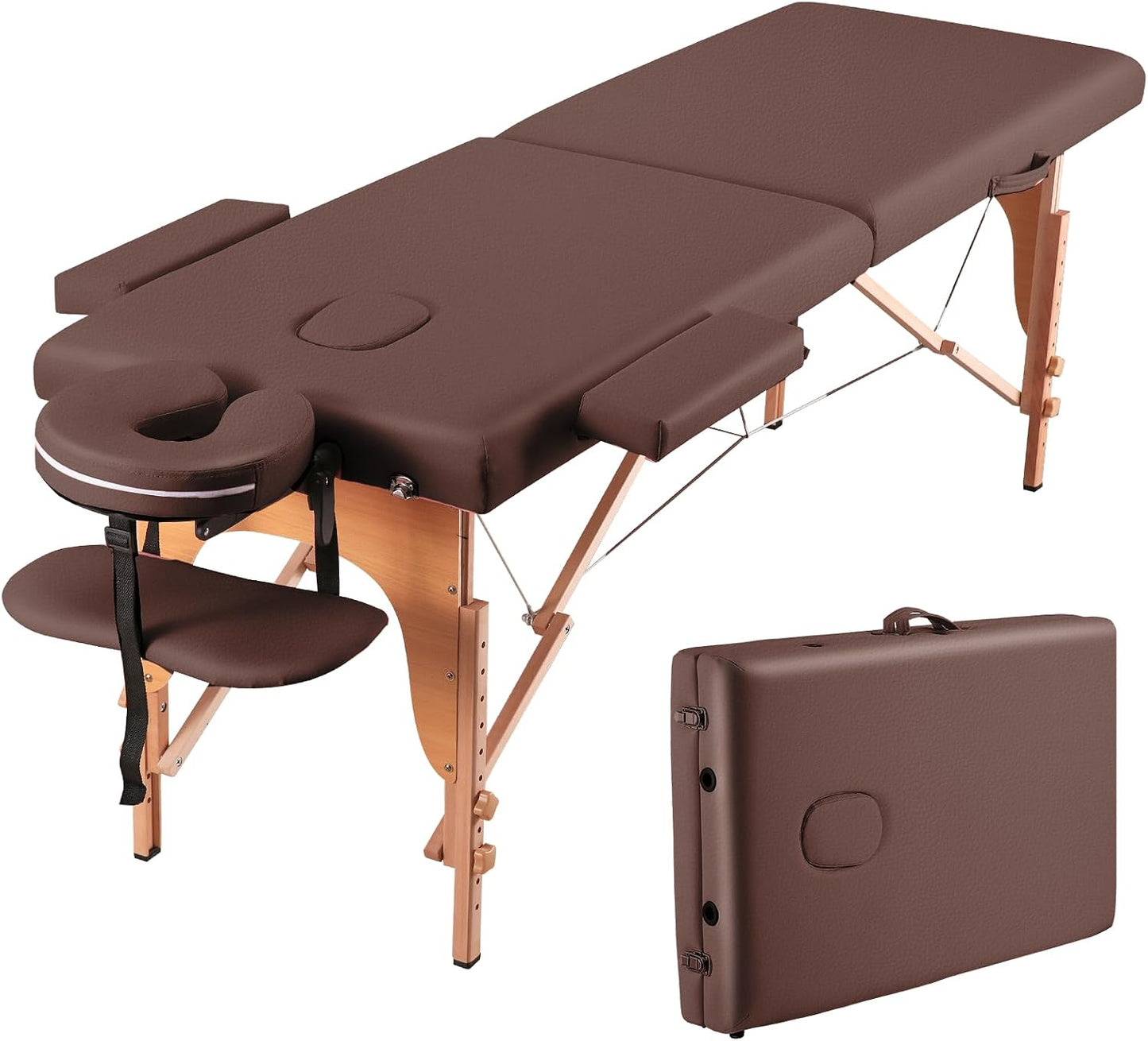CHRUN Massage Table Portable Wide Massage Bed 84 Inches Spa Bed 2 Fold Table 9 Heigh Adjustable Carry Case Salon Bed Face Cradle Bed Brown