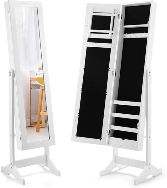GOFLAME Jewelry Cabinet, Jewelry Organizer with Full Length Mirror Door, Standing Makeup Mirror Cabinet, Freestanding Jewelry Organizer with Large Storage Capacity (White)