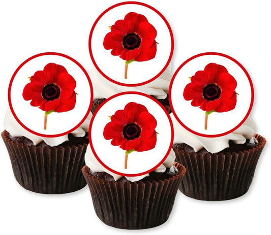 Poppy Edible Cupcake Toppers, Edible Flowers Cake Decorations, Red Poppies Cake Decorating Supplies, Valentines Day Cupcake Toppers Birthday Cookie Decoration PRECUT 24 x 4cm / 1.5 inch