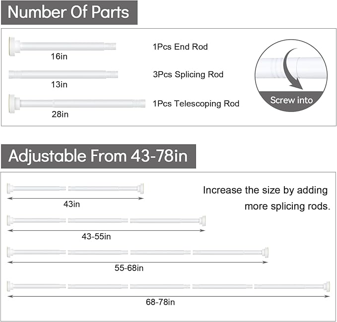 Thestoa White Shower Curtain Rod Adjustable 43-78 inch, 1"Diameter Spring Tension Curtain Rod No Drill, Anti-Rust Non-Slip Shower Rod, White Shower Rod for Bathroom Tension