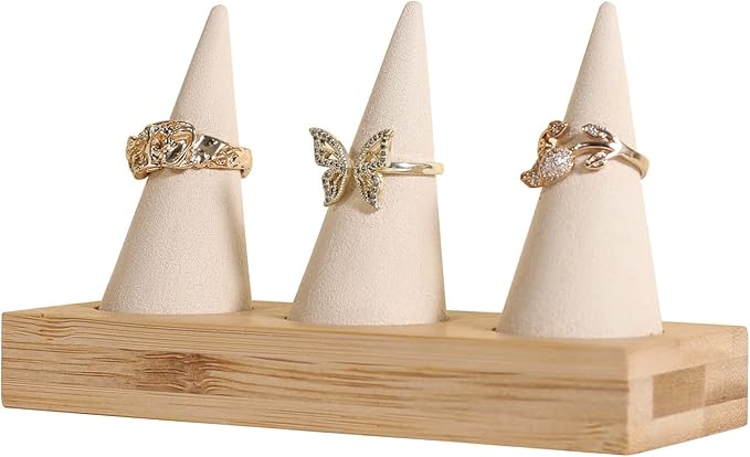 GemeShou Beige wood ring storage organizer, Velvet Jewelry ring display holder, Cute ring display stand for selling, wedding ring holder at nightstandãBeige with three coneã