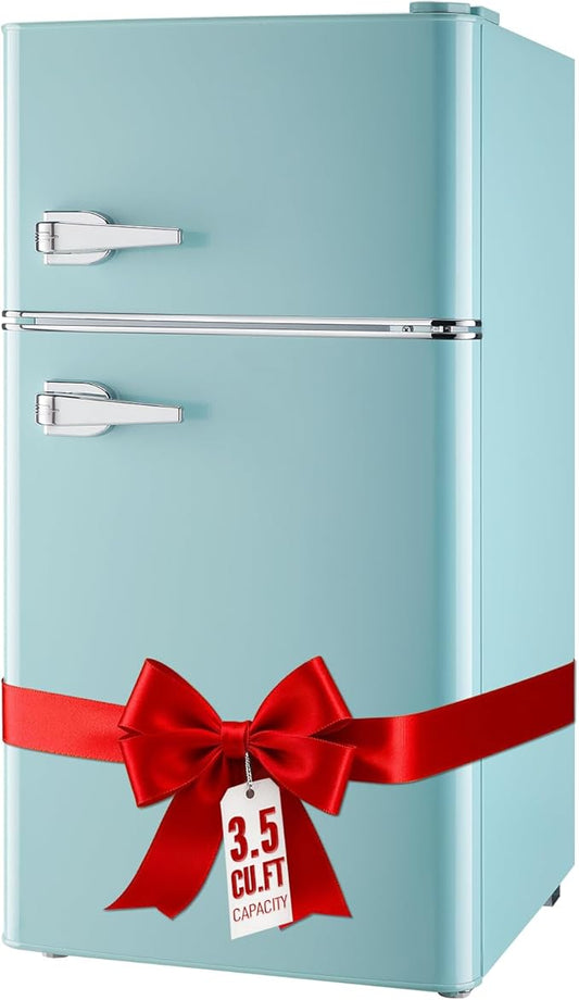 WANAI 2 Door 2 Handle Refrigerator with Freezer-on-top, Spacious 3.5 Cubic Feet Capacity Fridge with 7-Level Adjustable Thermostat & 2 Removable Shelves Blue