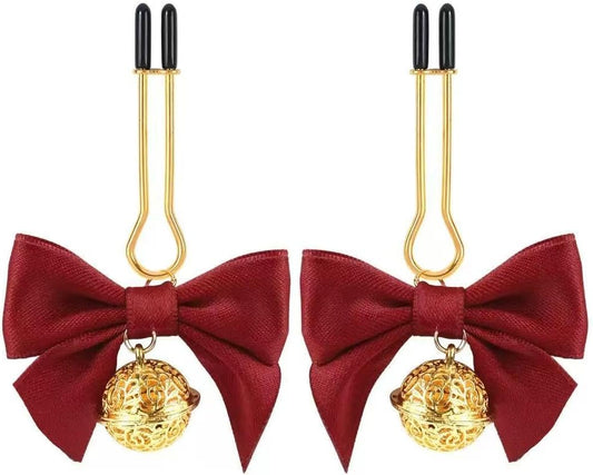 2Pcs Nipple Clamps, Adjustable Non-Piercing Body Jewelry with Bowknot Bells (red2)