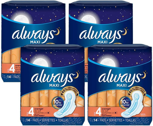 Always Maxi Size 4 Overnight Pads for Women, with Wings,Unscented, 14 Count - Pack of 4 (56 Count Total)