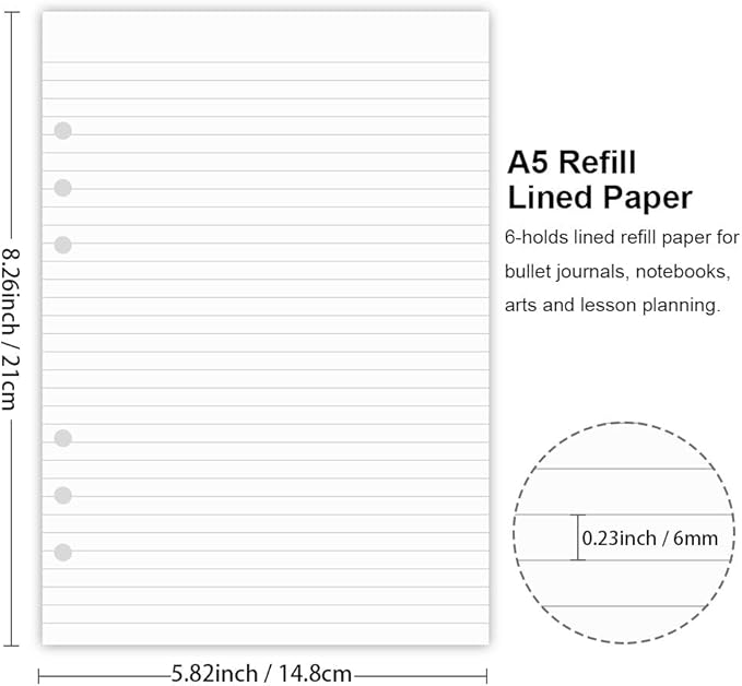 A5 Lined Paper, Refills for Filofax Planner, Organizer, Binders, 6 Hole Punched, 100 Sheets/200 Pages, 100gsm, White, 5.8 x 8.2 Inch