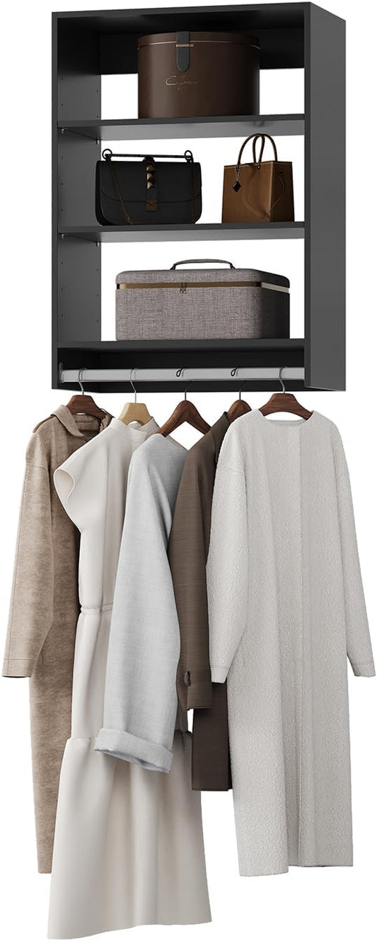 Medium Double Hanging Closet Unit, Modular Closet System, Wood Closet System Organizer with Storage for Walk in Closets, Clothing Rack Closet for Hanging Clothes, Bedroom, Black, 25.5" W