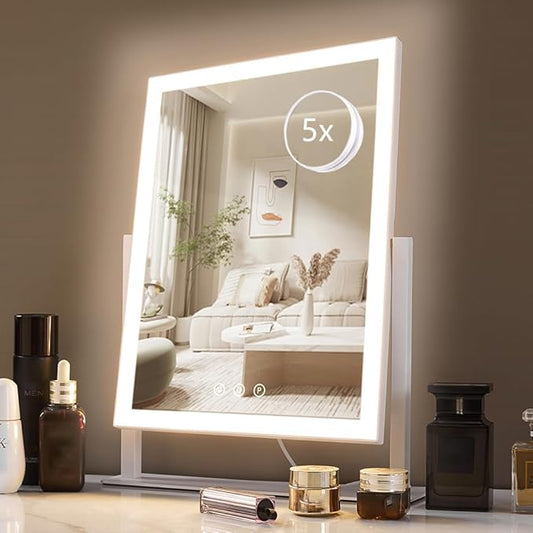 HIEEY Lighted Makeup Mirror, Hollywood Vanity Mirror with Lights, Three Color Lighting Modes, and 5X Magnification Mirror, Smart Touch Control, 360Â°Rotation (17.3in,White,Gift Box)