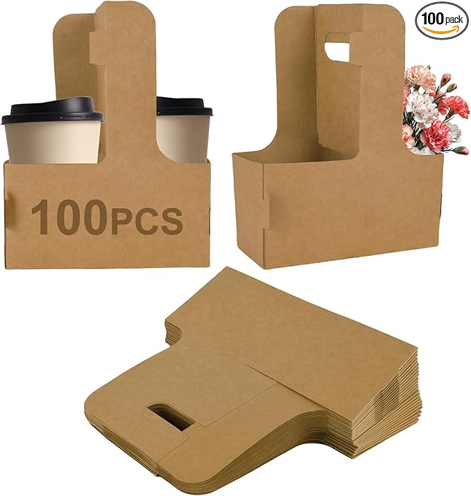 100 Pack Drink Carrier with Handle, 2 Cups or 4 Cups Assemblable Disposable Paper Cup Holder, Coffee and Drink Carrier, for Coffee and Drink Delivery Cup Holder