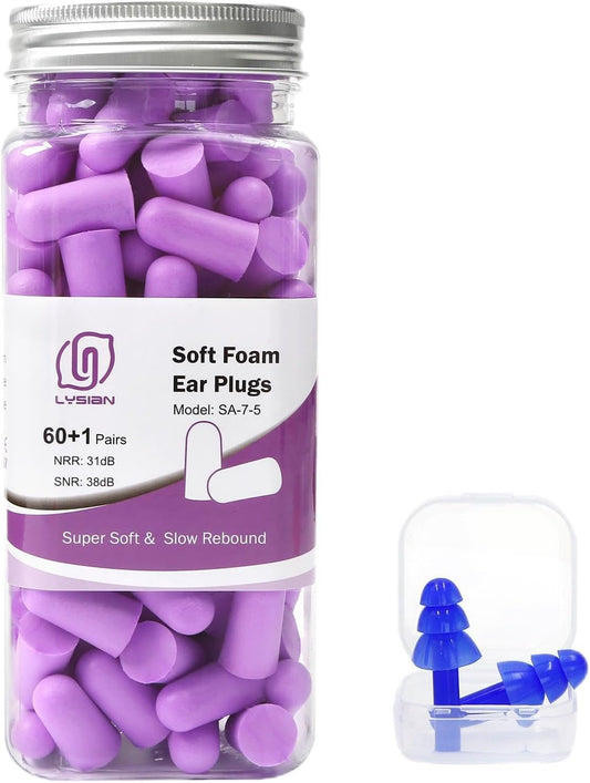 LYSIAN Ultra Soft Foam Earplugs for Sleeping, 38dB SNR Noise Reduction Ear Plugs for Snoring, Shooting, Study, Work and Travel, 60 Pairs, Purple