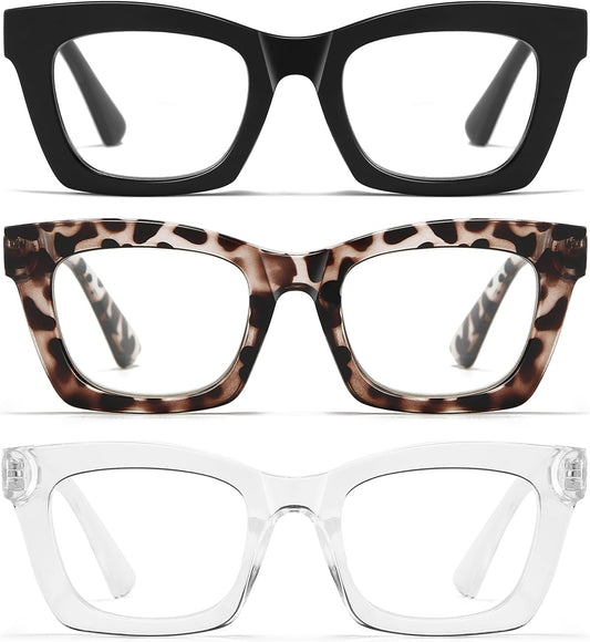 Cat Eye Reading Glasses for Women - 3 Pack Blue Light Readers with Spring Hinge, Stylish Computer Glasses