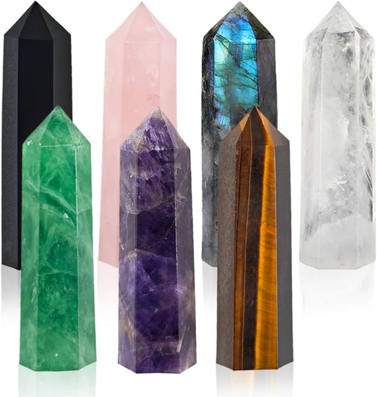 7Pcs 2-2.4″ Natural Crystal Obelisk Tower, Hexagonal Pointed Wand, Rose Quartz Amethyst Green Fluorite White Crystal Labradorite Obsidian Tiger's Eye Stone, Reiki Healing Crystal, Home Desktop Decor