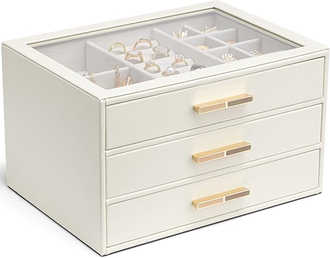 Vlando Jewelry Box for Women, Glass Lid Jewelry Organizer with 3 Drawers for Necklaces Rings Earrings Bracelets Mother Day Gift for Mom - Cloud White