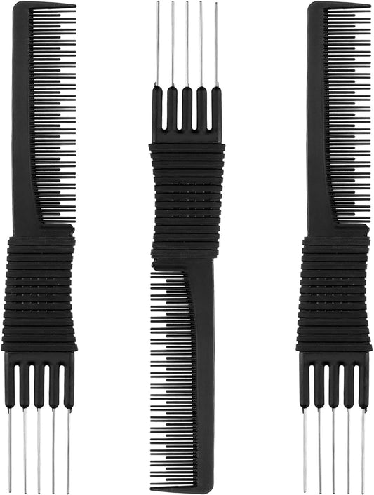 Leinuosen 3 Pack Carbon Lift Teasing Combs with Metal Prong, Hair Pick Comb for Women Hair Styling(Black)