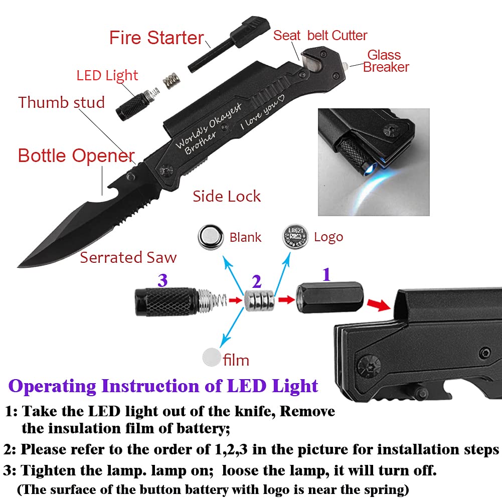 Engraved Pocket Knife For Brother, World's Okayest Brother, Pocket Knifes with 6 Functions, LED Light, Fire Starter, Bottle Opener, Seat Belt Cutter, Glass Breaker, Gifts for Birthday Christmas