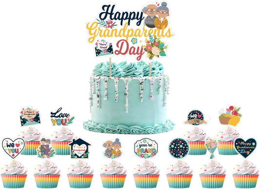 Happy Grandparents Day Cake & Cupcake Toppers Set – 1PC Love Grandma & Grandpa Cake Topper + 12PCS Cupcake Picks – Retirement, Birthday, Anniversary Elderly Party Decorations